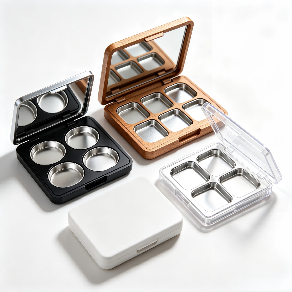 Custom multi-pan eyeshadow palette packaging, 4-color and 9-color square makeup palettes with mirror, neutral eyeshadow display for cosmetic brand OEM